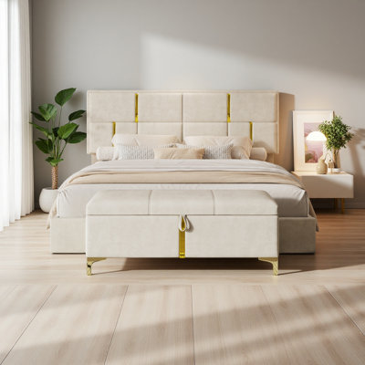Ensemble de chambre à coucher 2 pièces, lit plateforme tapissier grand avec système de rangement hydraulique, repose-pieds avec pieds en métal
