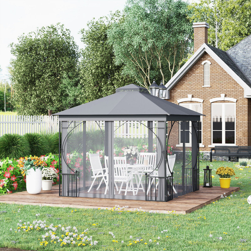 3 x 3 Meter Outdoor Gazebo with Double Tier Light Grey Canopy, Metal Frame Patio Shelter with Insect Netting and Ground Stakes for Garden and Backyard