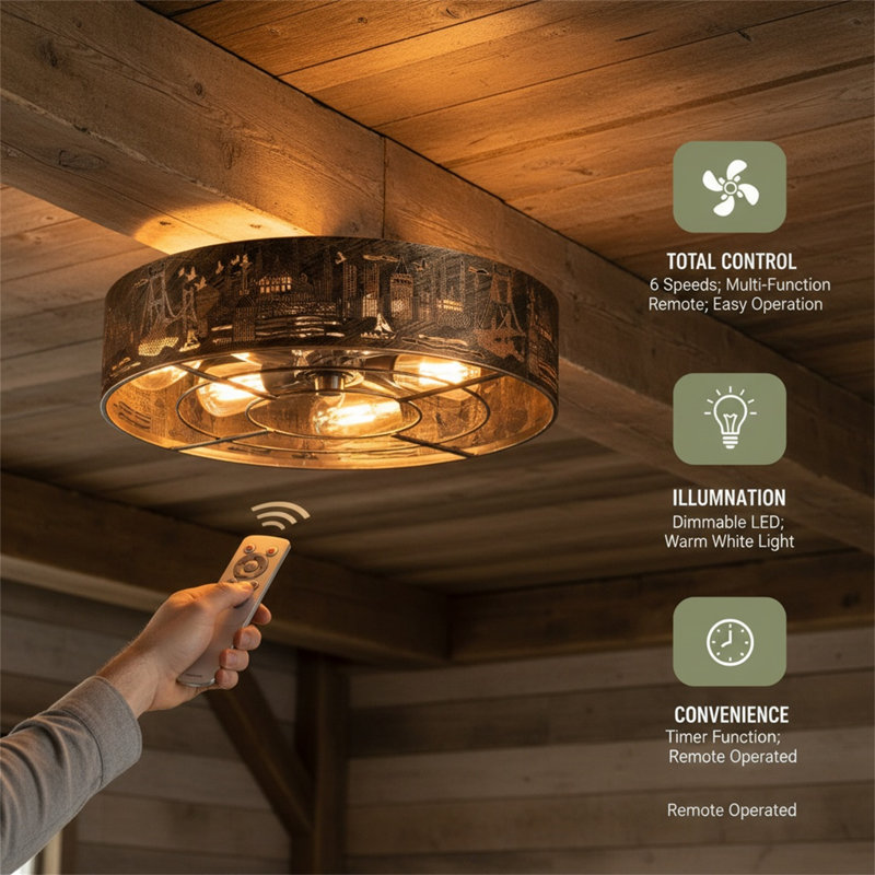 Ventilateur de plafond en fer forgé avec moteur réversible à 6 vitesses et télécommande. Ampoule vendue séparément.