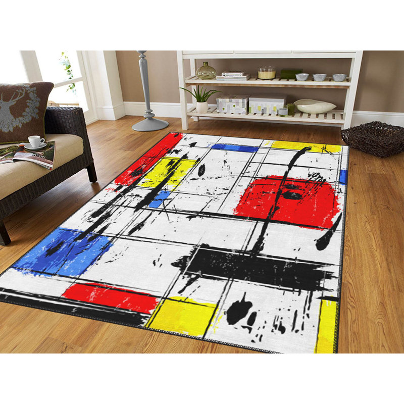 Tapis abstrait rectangulaire tissé à plat à la machine en rouge / noir / jaune Tenley, Rectangle 3 pi 11 po x 5 pi 11 po