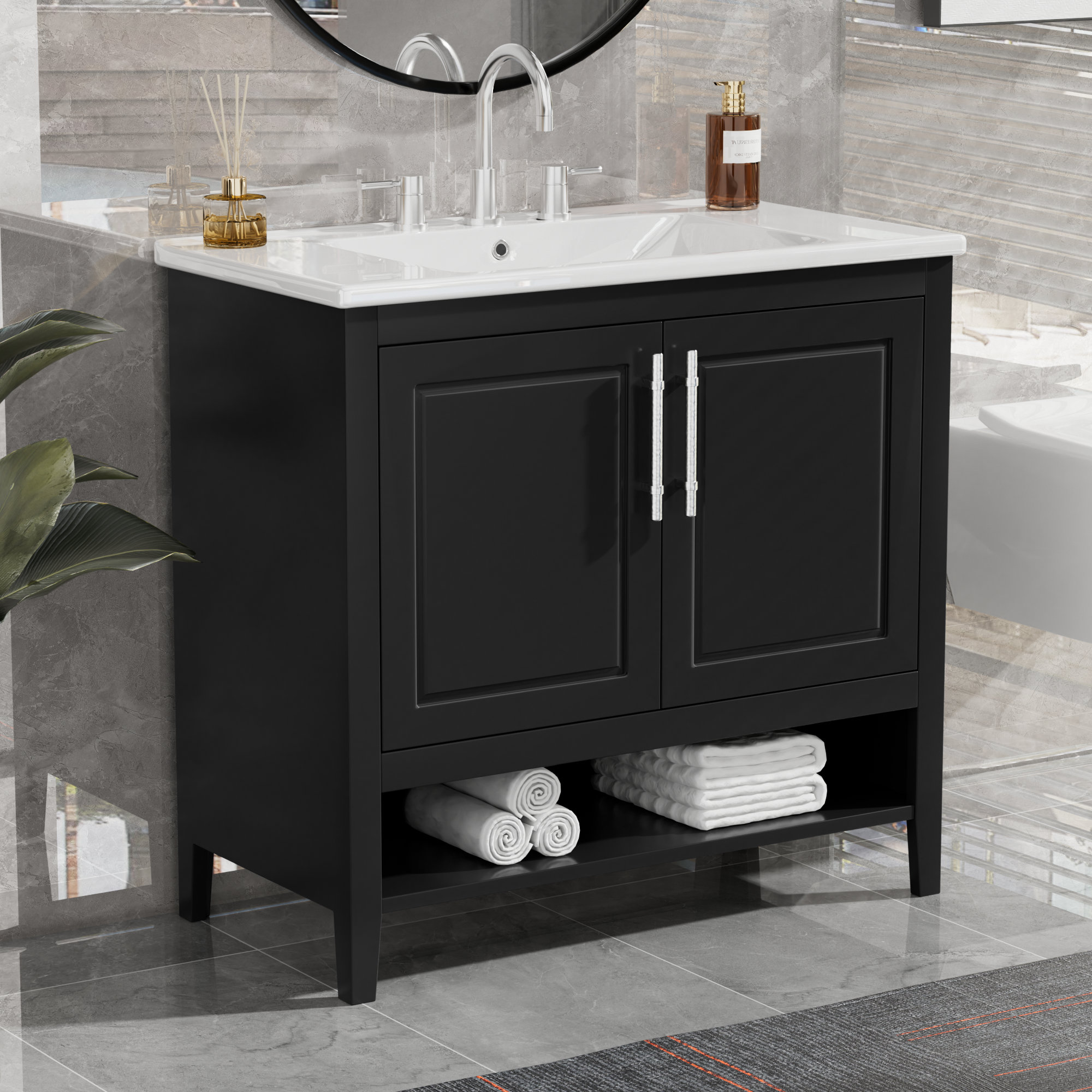 Winston Porter " Black Bathroom Vanity & Sink: Solid Frame, Mdf Cabinet ...