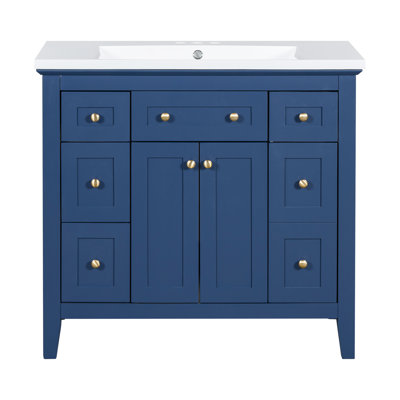  Vanity with Resin Sink, Solid Wood Cabinet with 6 Drawers and 2 Doors, Large Freestanding Bathroom Set