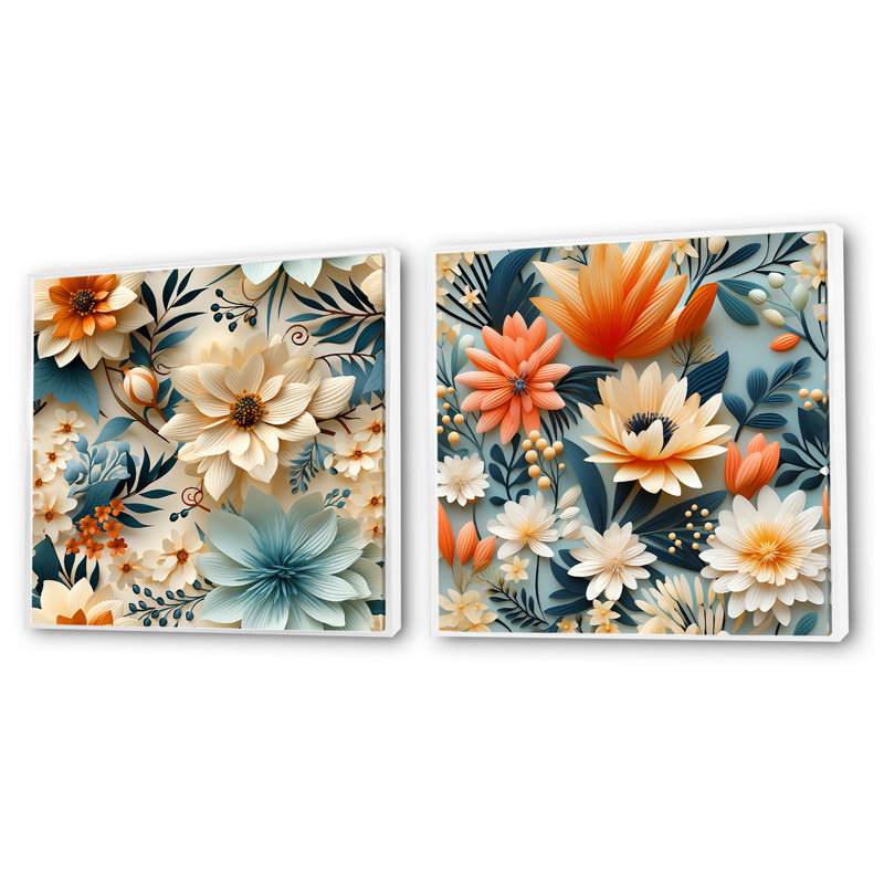 Terre cuite chaude et motif floral floral bleu - ensemble de collage floral carré carré de 2, Cadre flottant blanc