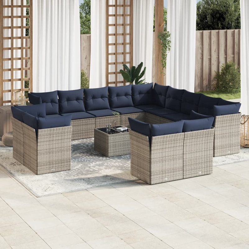 14 Piece Patio Sofa Set With Cushions Poly Rattan, Grey, Navy