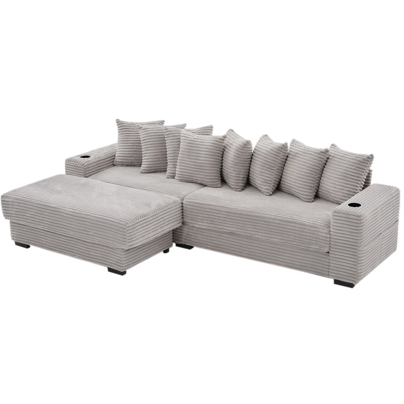 110.75" Modular L Shaped Sofa, Corduroy Fabric Sectional Couch,With A Movable Footstool, Cup Holders,Bring 8 Throw Pillows,Side Pocket,Unfold Into A Bed