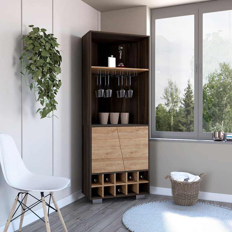 Armoire de coin, dix porte-bouteilles encastrés, deux tablettes, porte double
