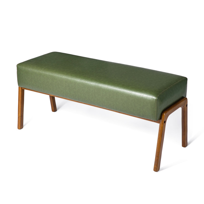 Mid-Century Modern Hunter Green Leatherette Bench With Walnut Rubberwood Legs