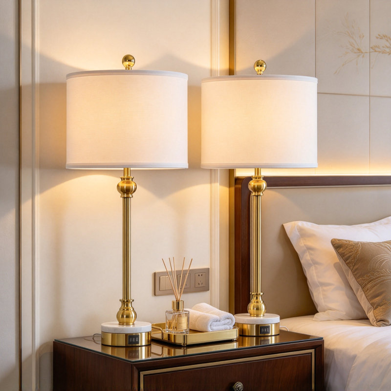 Ensemble de 2 lampes de table modernes de style transitionnel, en marbre doré, avec ports de chargement USB et Type-C. Lampes de table à hauteur réglable avec abat-jour en tissu, idéales pour le salon ou la chambre. Ampoules non incluses.