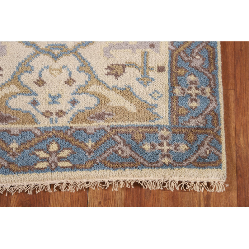 Ivory & Blue Handmade Oushak Indian Runner Rug 3x8