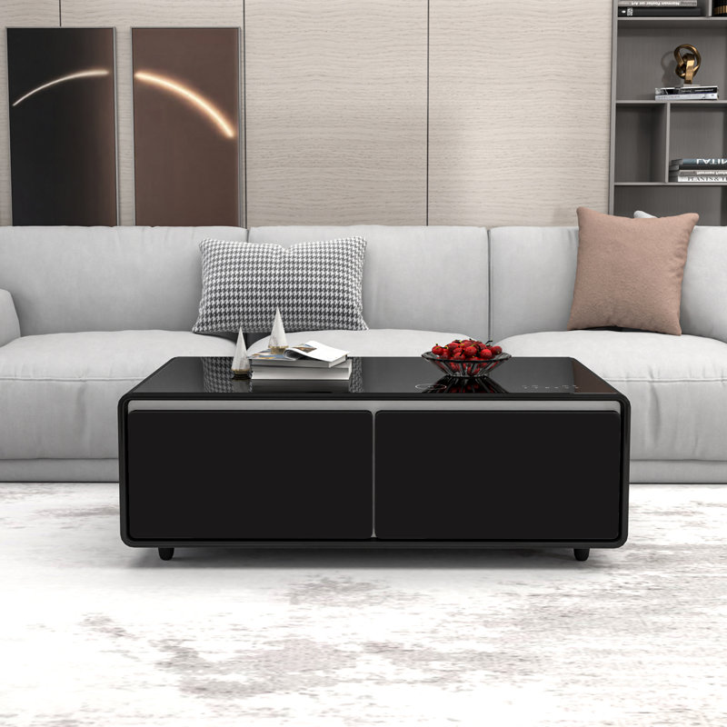 Black High Gloss Smart Coffee Table with Storage and Built-in Fridge