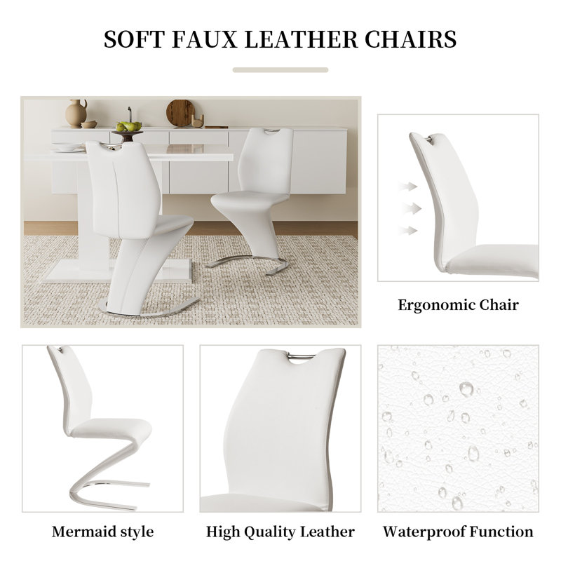 Upholstered Side Chair, Faux Leather High-Back Cantilever Dining Chairs with Top Handle(Set of 4), White
