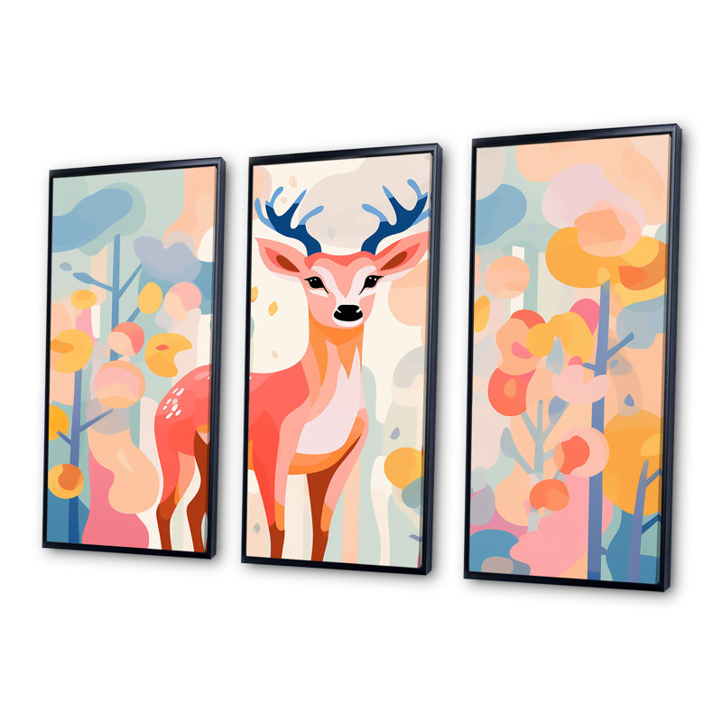 Art floral mural, cerf rose, H 28 po x l 36 po, Cadre flottant noir
