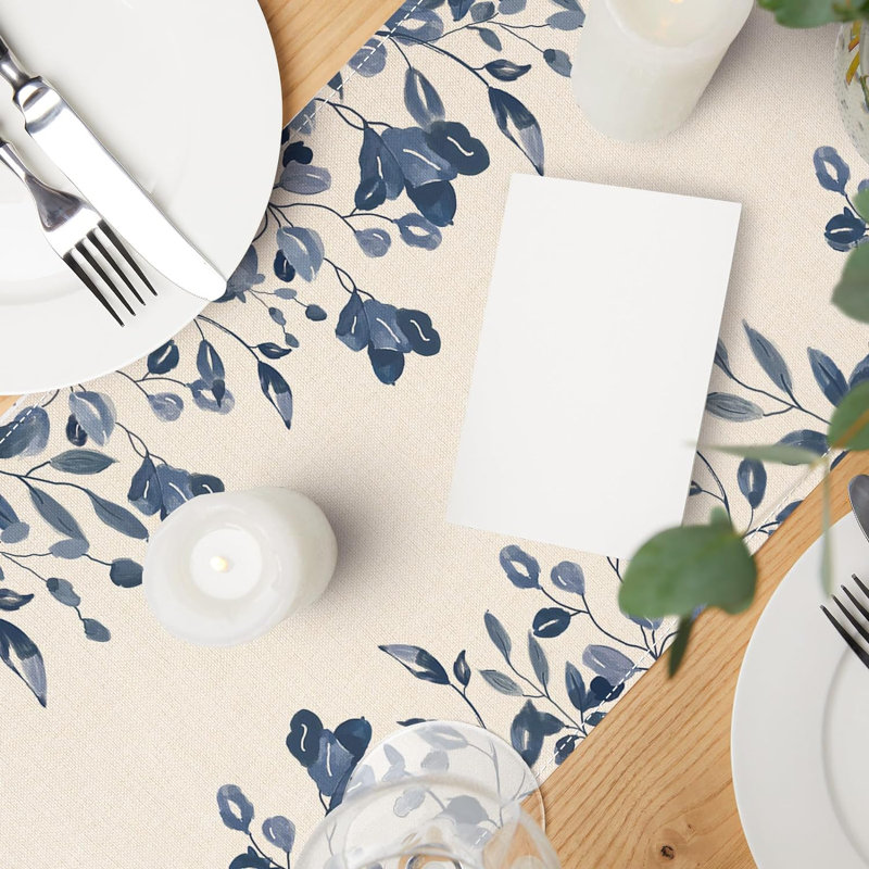 Chemin de table bleu, feuilles bleues, housse de table, aquarelle, plantes bleues, table de salle à manger, décoration pour la fête, restaurant, fournitures de table