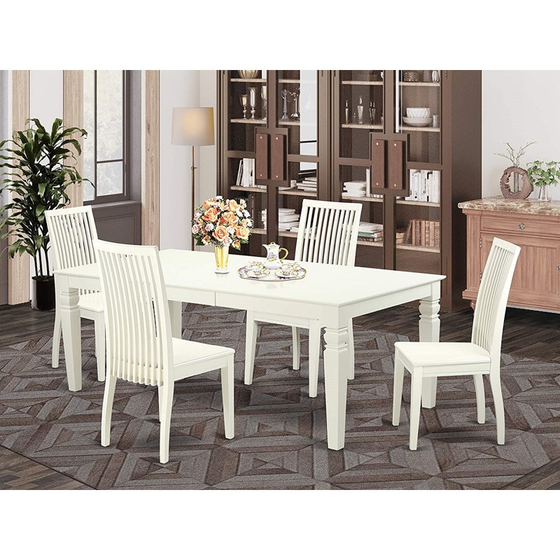 Ensemble de table de salle à manger 5 pièces comprenant une table de cuisine rectangulaire avec rallonge papillon et 4 chaises de salle à manger, 42 x 84 po, lin blanc