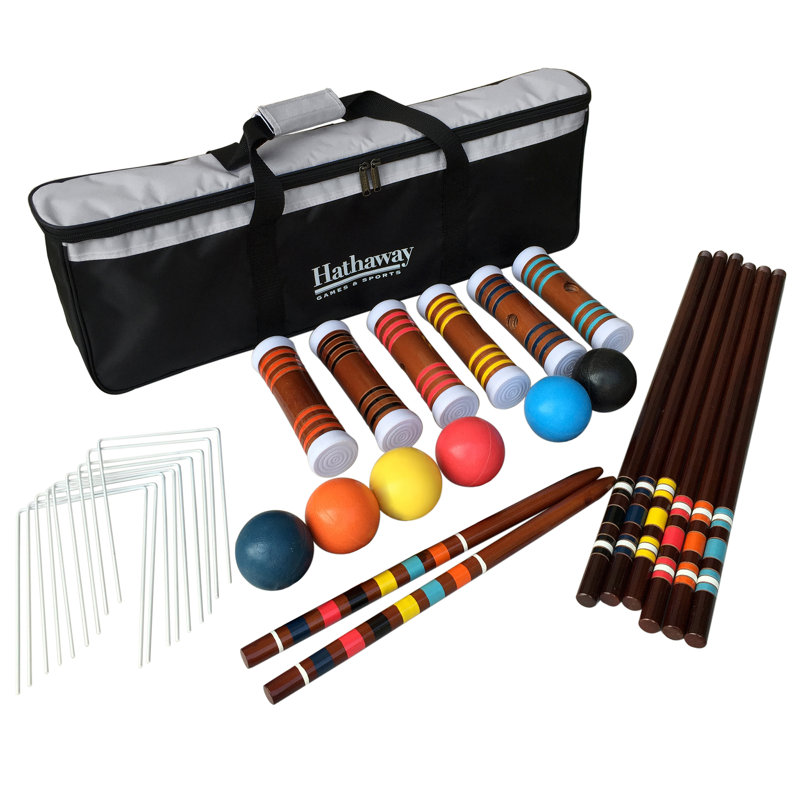 Hathaway 6-Player Croquet Set for Families – Includes Durable Hardwood Mallets, Handles & Goal Stakes, Chip-Resistant Polymer Croquet Balls, Steel Wickets, & Nylon Carrying Bag