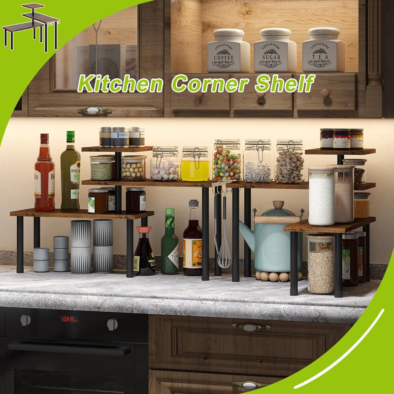 Kitchen Corner Shelf Countertop Organizer With Hooks Adjustable Spice Rack Corner Display Rack Shelf Corner Rack 3 Tier Storage Organization For Kitchen Counter Shelves(Rustic Brown)