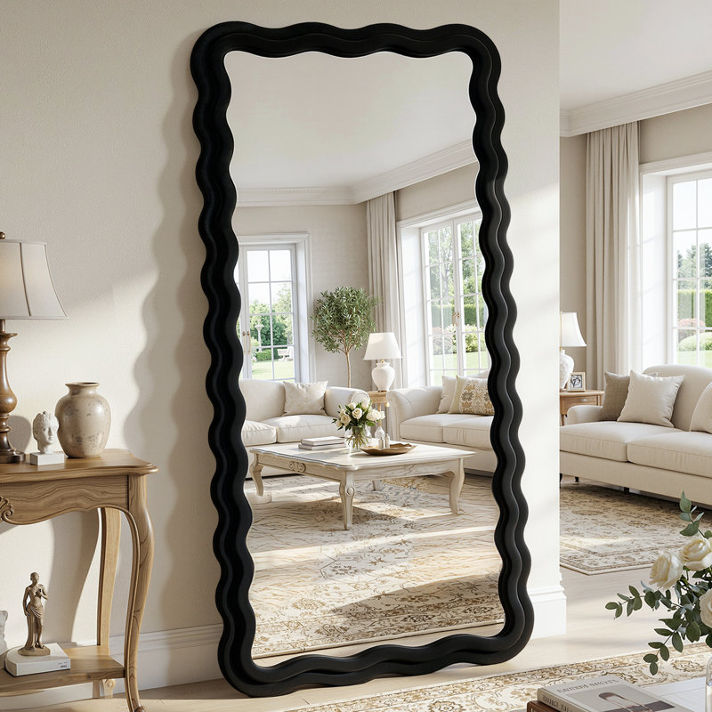 Irregular Wavy Full Length Mirror with Flannel Wrapped Frame, 78" x 38", Black