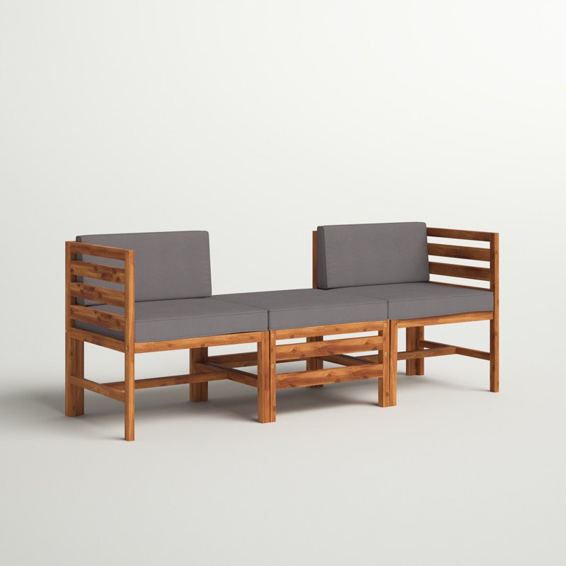 Acacia Patio Sofa with Cushions and Ottoman, Brown, Gray