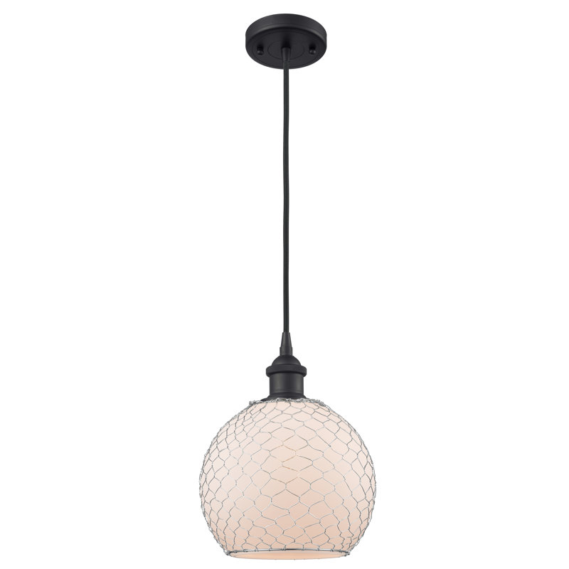 Luminaire sphère suspendu 1 lumières simple Egger, H 13 po x l 10 po x P 10 po, Blanc / Nickel, Laiton antique noir