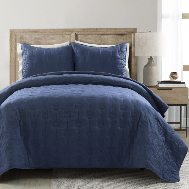 Navy 100% Cotton 3 Piece Quilt Set