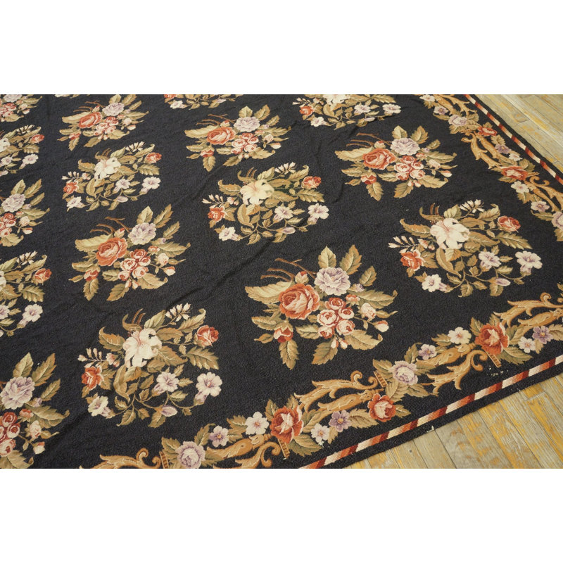 Vintage Needlepoint Chinese Allover Geometric Flat Weave Rug