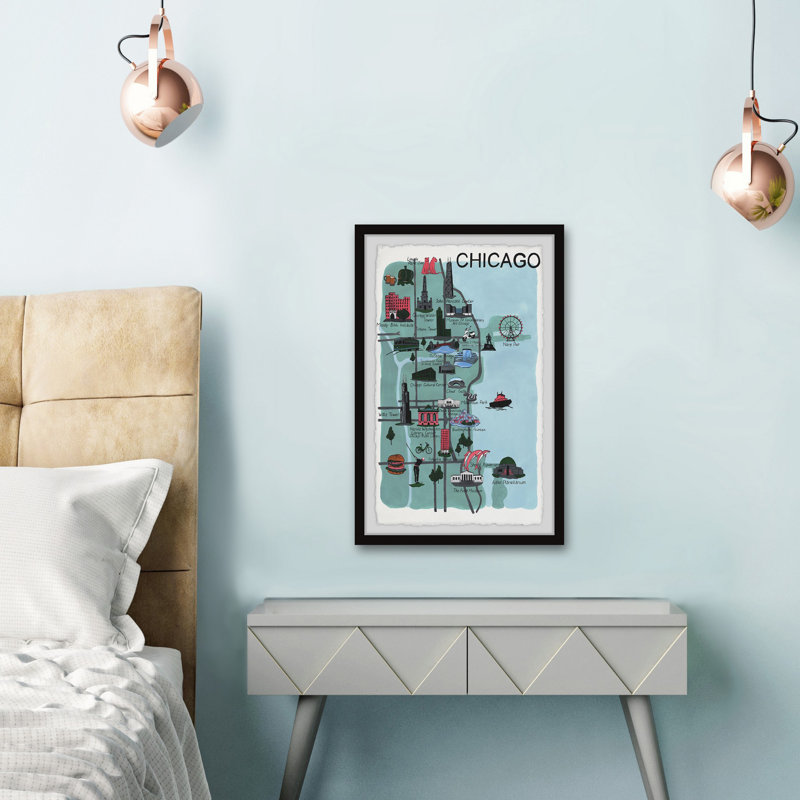 Carte illustrée de la ville de Chicago, impression encadrée sur papier, H 18 po x l 12 po x 1,5 po