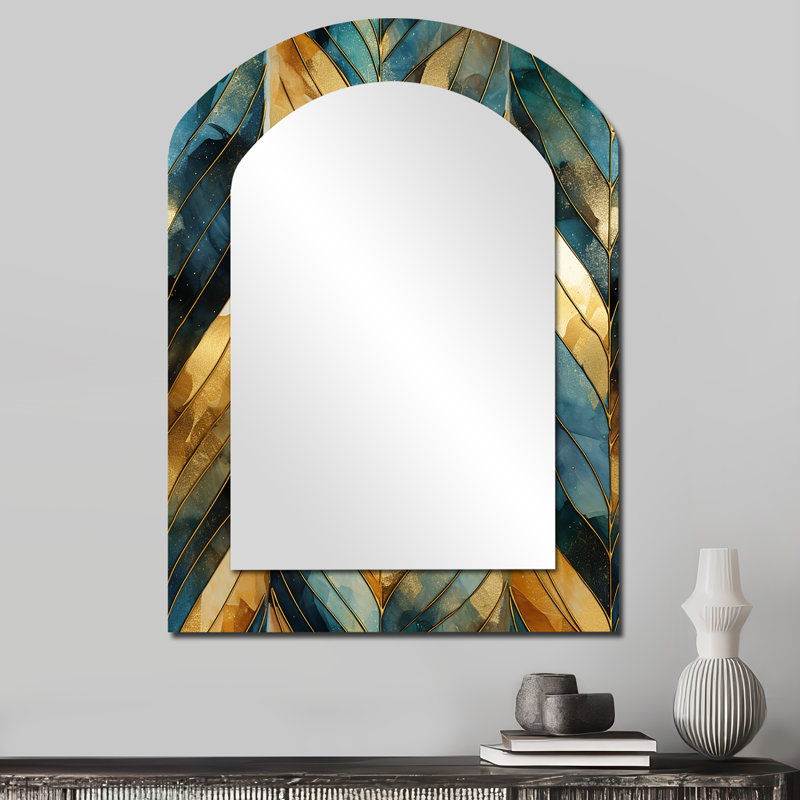 Or et vert doré rêverie chevron - grand miroir à chevron arche, décor de miroir mural asymétrique Glam, impression d'art en métal