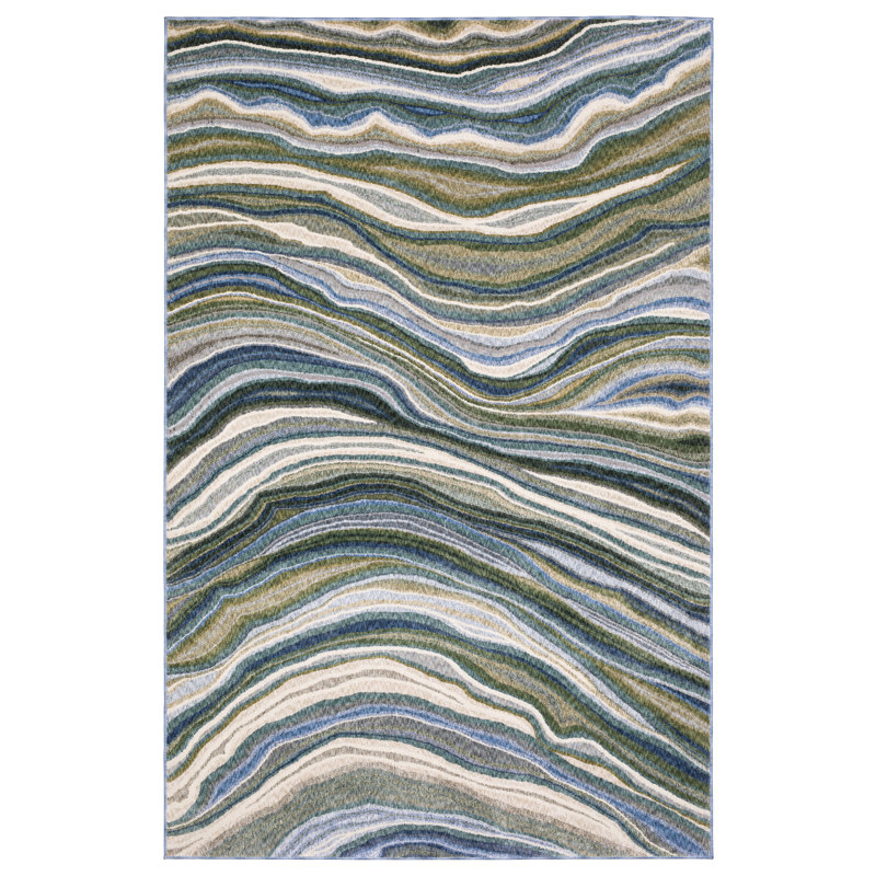 Tapis vert / bleu à vagues abstraites Holub, Rectangle 5 pi 3 po x 7 pi 9 po