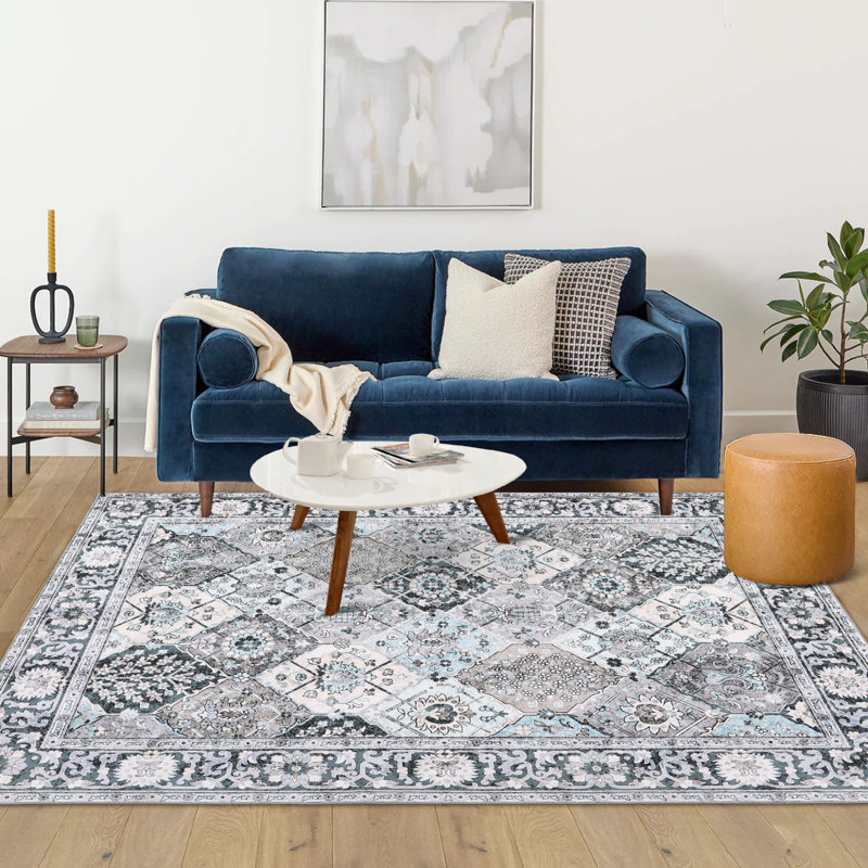 5'x7' Vintage Distressed Pattern Washable Area Rug. Non-Slip Low Pile Pearl Velvet Carpet for Living Room. Gray Green, Green