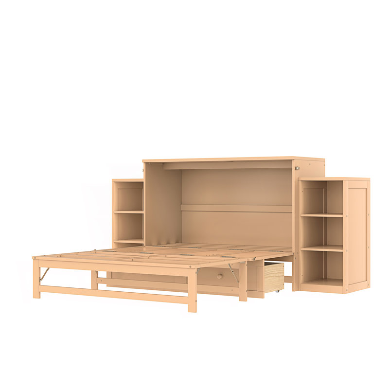 Lit escamotable double avec tiroirs et tablettes de rangement spacieux, Doré