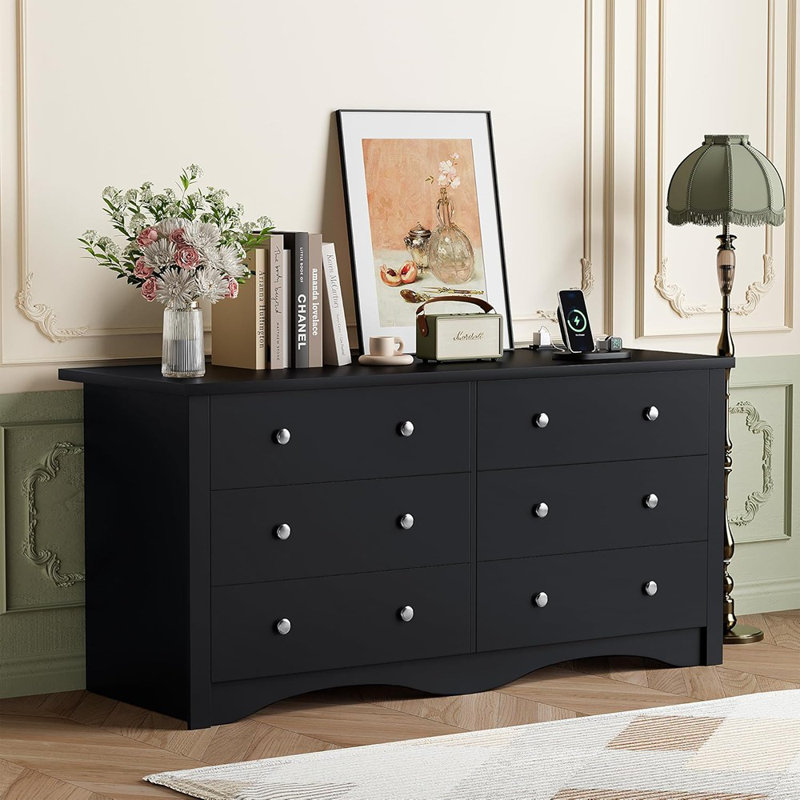 Black Dresser With Power Outlet, 6 Drawers Dresser For Bedroom, Modern Chest Of Drawers, Wooden Dressers, TV Stand For Living Room,Closet, Hallway