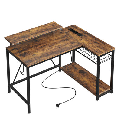 Baford L-Shaped Computer Desk with Power Outlet, Gaming Table with Monitor Stand and Shelves