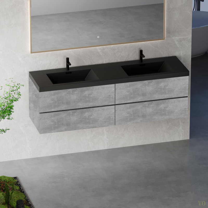 Meuble-lavabo flottant 72 po avec lavabo, armoire de rangement murale moderne, deux bacs à sable en quartz et quatre tiroirs à fermeture en douceur entièrement assemblés
