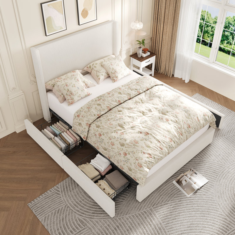 Queen Upholstered Bed Frame with 4 Storage Drawers, Corduroy Wingback Platform Bed, No Box Spring, Beige, Queen
