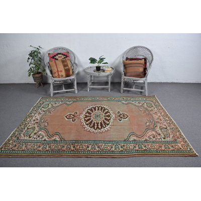 Tapis turc Oushak rétro fabriqué à la main en brun et vert - parfait pour les salons