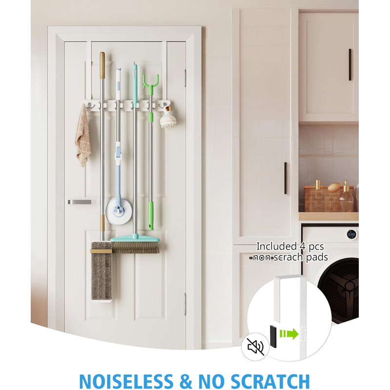 Porte-balai au-dessus de la porte, porte-balai et porte-balai, organisateur suspendu avec 4 supports et 2 crochets