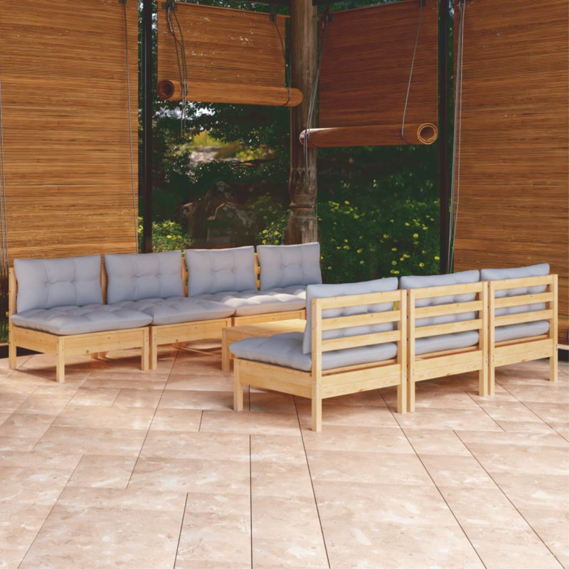  Ensemble de patio 8 pièces avec coussins gris Pinewood, Gris, Chêne