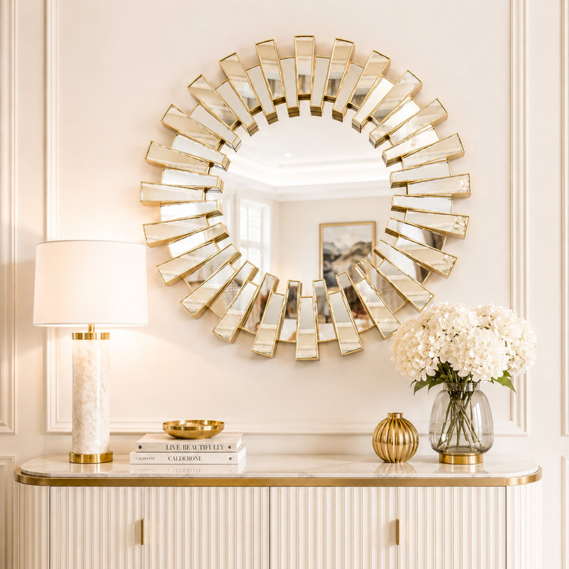 Miroir mural rond doré Sunburst 66 cm - Décoration décorative de style rétro pour le salon ou le vestibule, 26" x 26", Gold