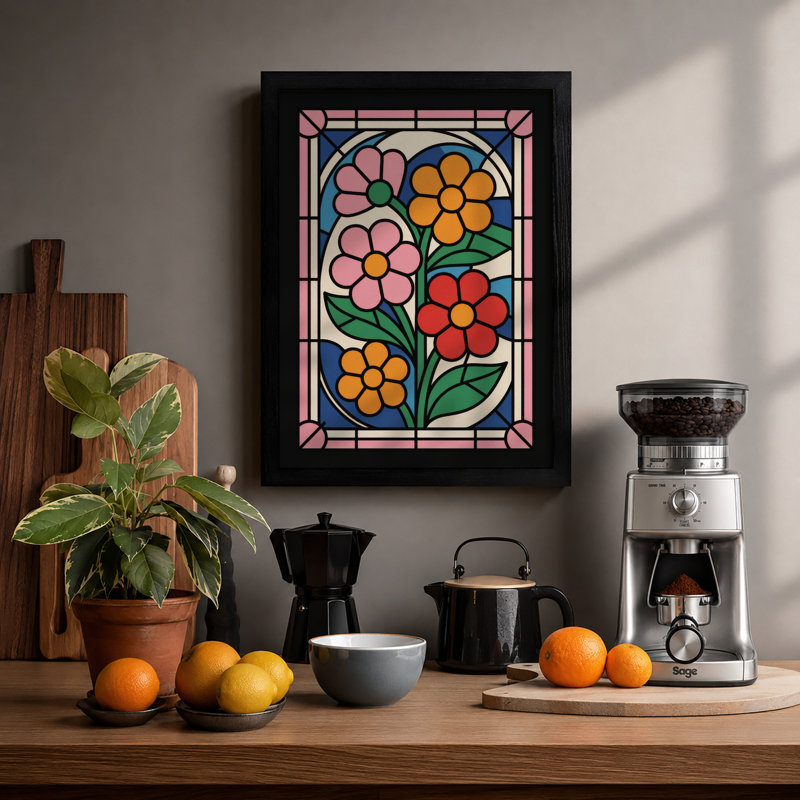 Stained Glass Flowers Botanical - Framed Print, Oak, A4 - 29.7 x 21.0 cm