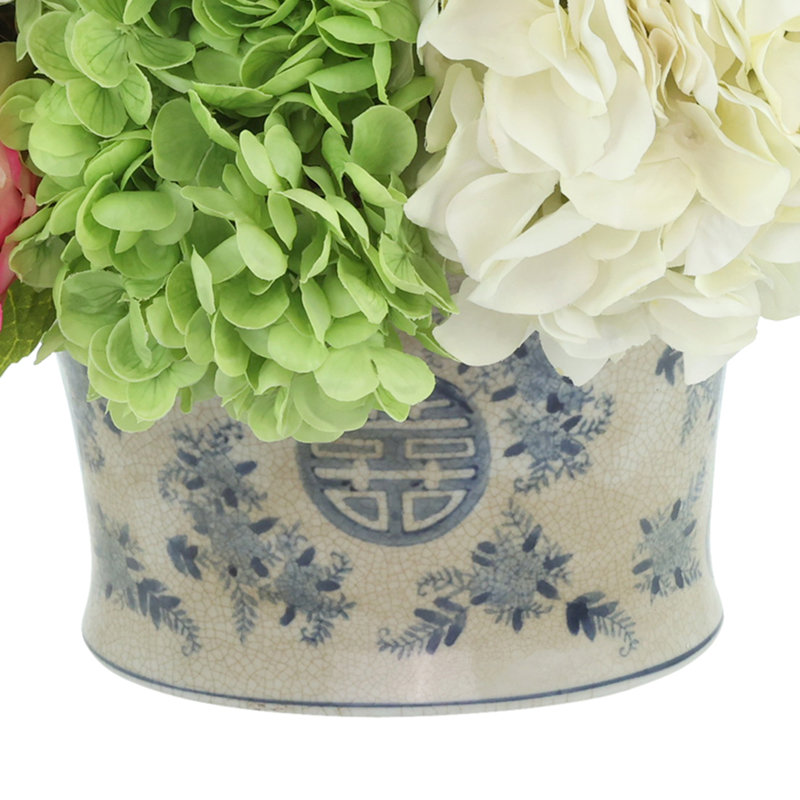 Hydrangea, Viburnum and Peony Arranged in a Ceramic Pot