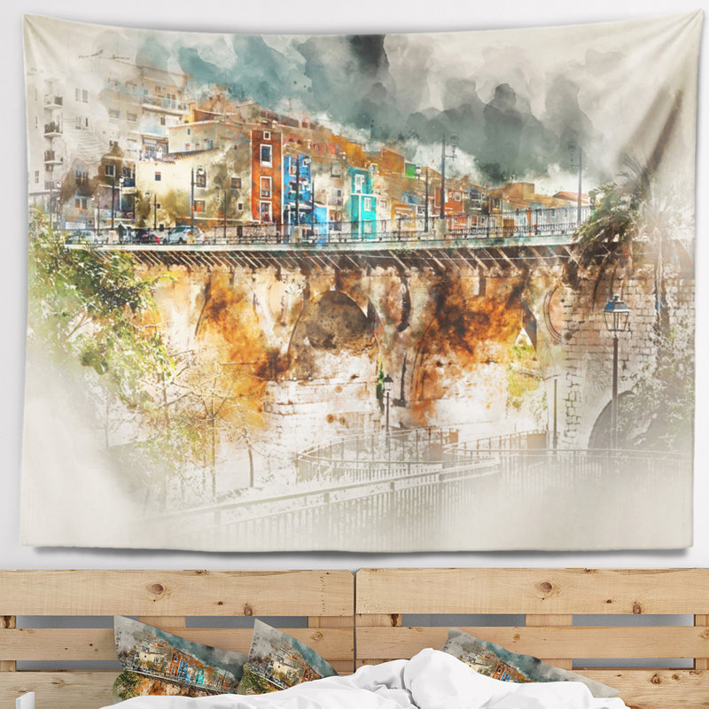 Tapisserie de paysage urbain avec paysage urbain de Villajoyosa, H 68 po x l 80 po