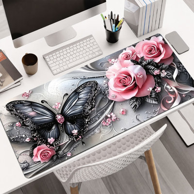  Tapis de souris en caoutchouc, surface en microfibre lisse, base antidérapante, tapis de souris décoratif à bord arrondi pour le bureau et les jeux, 16 po x 36 po, art papillon rose