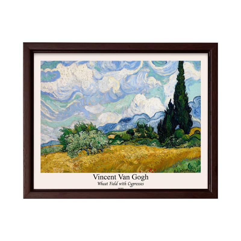 Van Gogh - Champ de blé avec cyprès No5, Canvas, 08"H x 10"W, Brown Framed