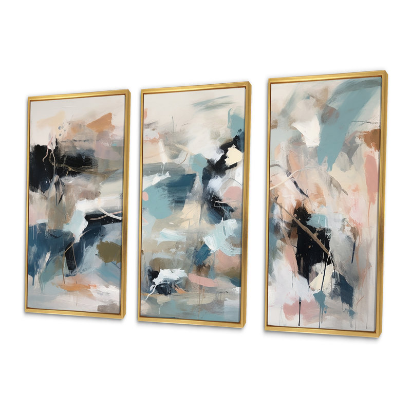 Gris et bleu, vagues vives fluides III - art mural abstrait, Cadre flottant doré, H 40 po x l 61 po x P 1 po