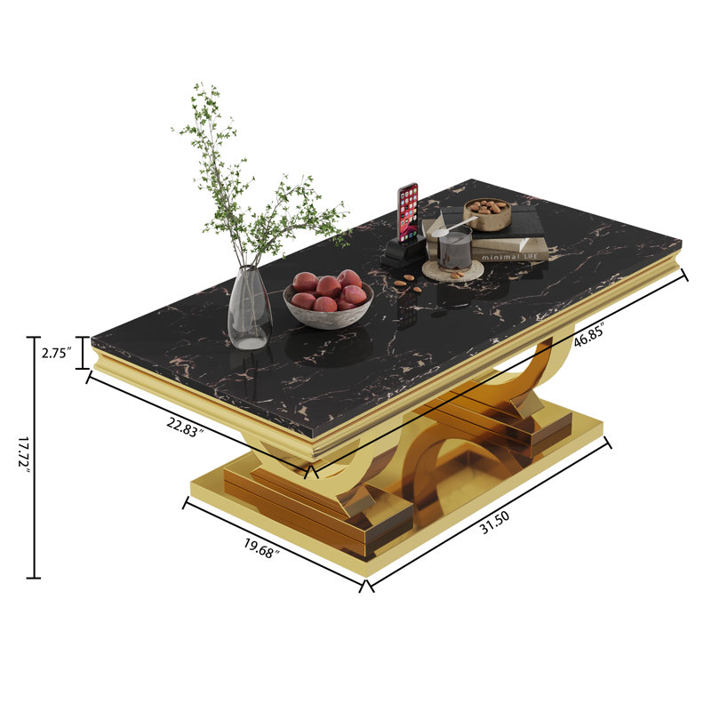 Table basse moderne 46,85 po en faux marbre avec base en acier inoxydable, Noir, noir, noir, noir, Doré