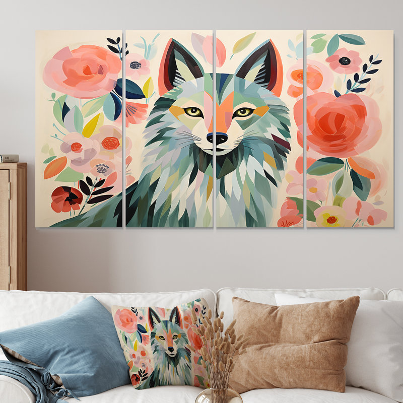 «Boho rose et vert», portrait de loup III - loup, 4 pièces, H 28 po x l 48 po