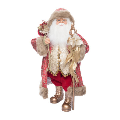 Season's Designs Elegant 24in Red & Gold Standing Santa Figurine with Ribbon Staff - Festive Christmas Decor for Indoor Use, Ideal for Mantel & Tabletop Display