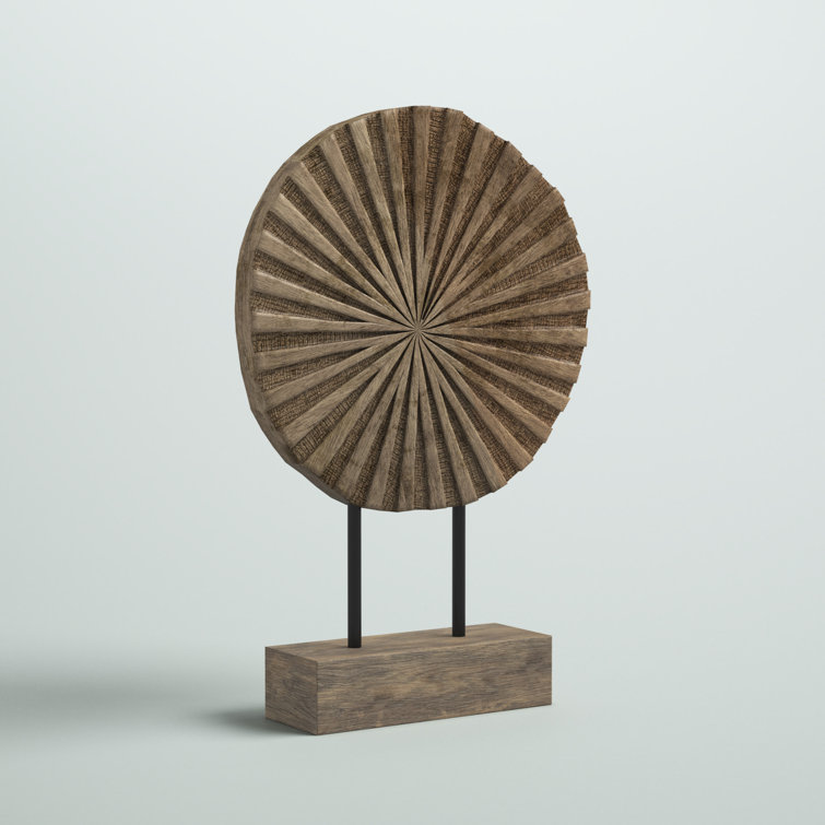 12" Wood Pinwheel Decor  Contemporary Natural Brown Circular Wooden Sculpture on Stand for Rustic Home or Office Decor Accent