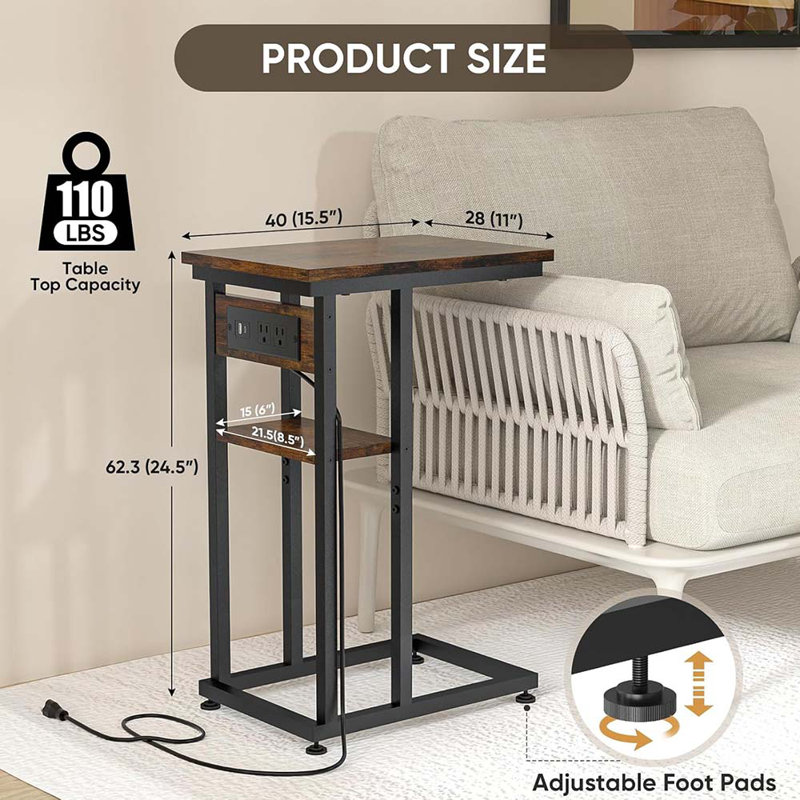 Side Table With Charging Station, C-Shape End Table With Dual USB-C Ports And Outlets, Couch Table, Bedside Table For Small Spaces, Living Room, Bedroom (Rustic Brown)
