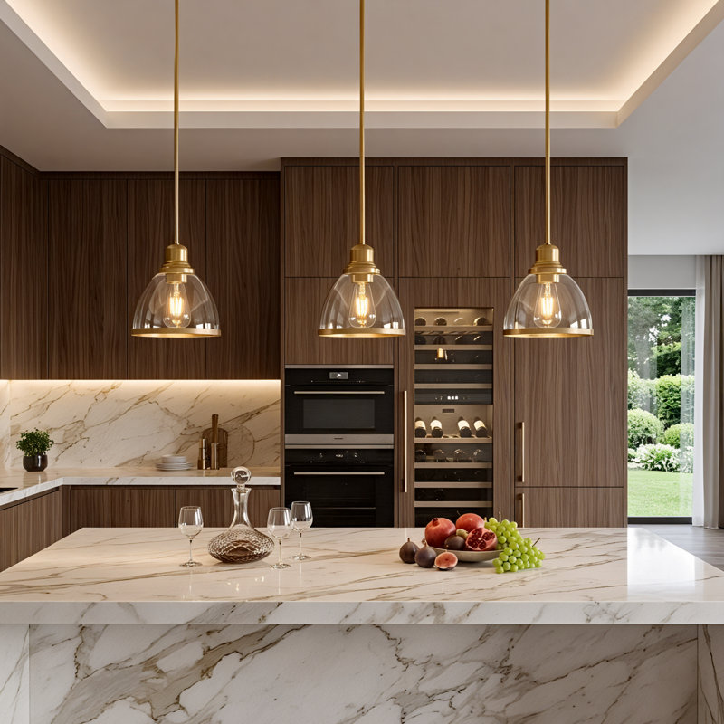 Suspension 8 en 1 à 1 lumière, fini or brossé mat, abat-jour en verre transparent, petit luminaire de style campagnard pour îlot de cuisine, culot E26